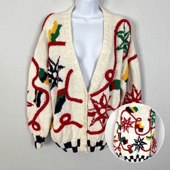 Izod Vintage NAUTICAL CHUNKY Cardigan Sweater Womens Sz M Old Money Hand Knit - Picture 1 of 14